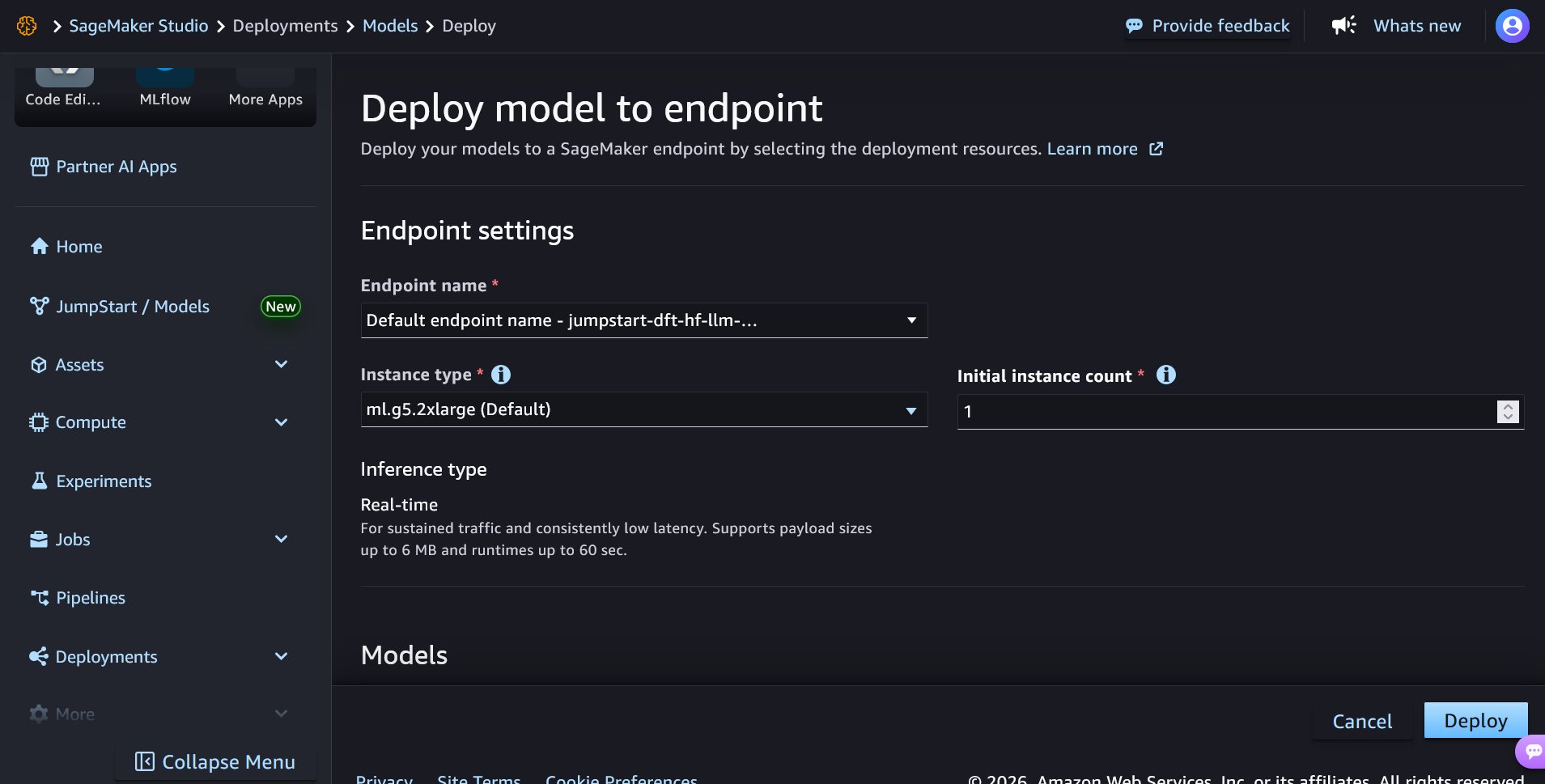 Amazon SageMaker JumpStart Studio UI for deploying the Qwen 2 0.5B model