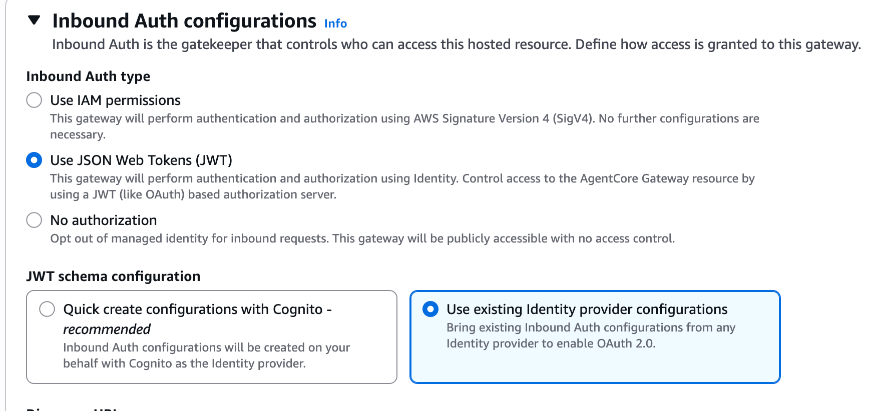 AgentCore Gateway creation page with JWT inbound auth configuration