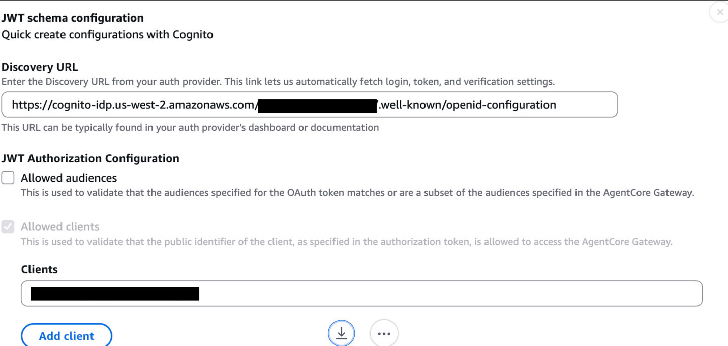 AgentCore Gateway inbound auth details with the Cognito discovery URL and client ID