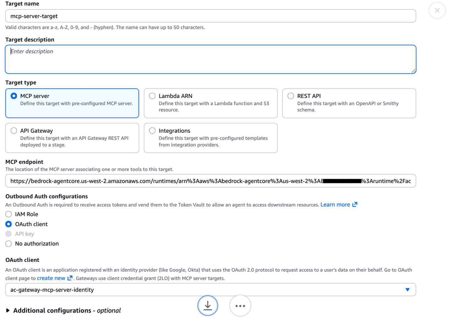 AgentCore Gateway Target section with the MCP server endpoint and OAuth client configured