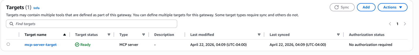 AgentCore Gateway Target in the Ready state