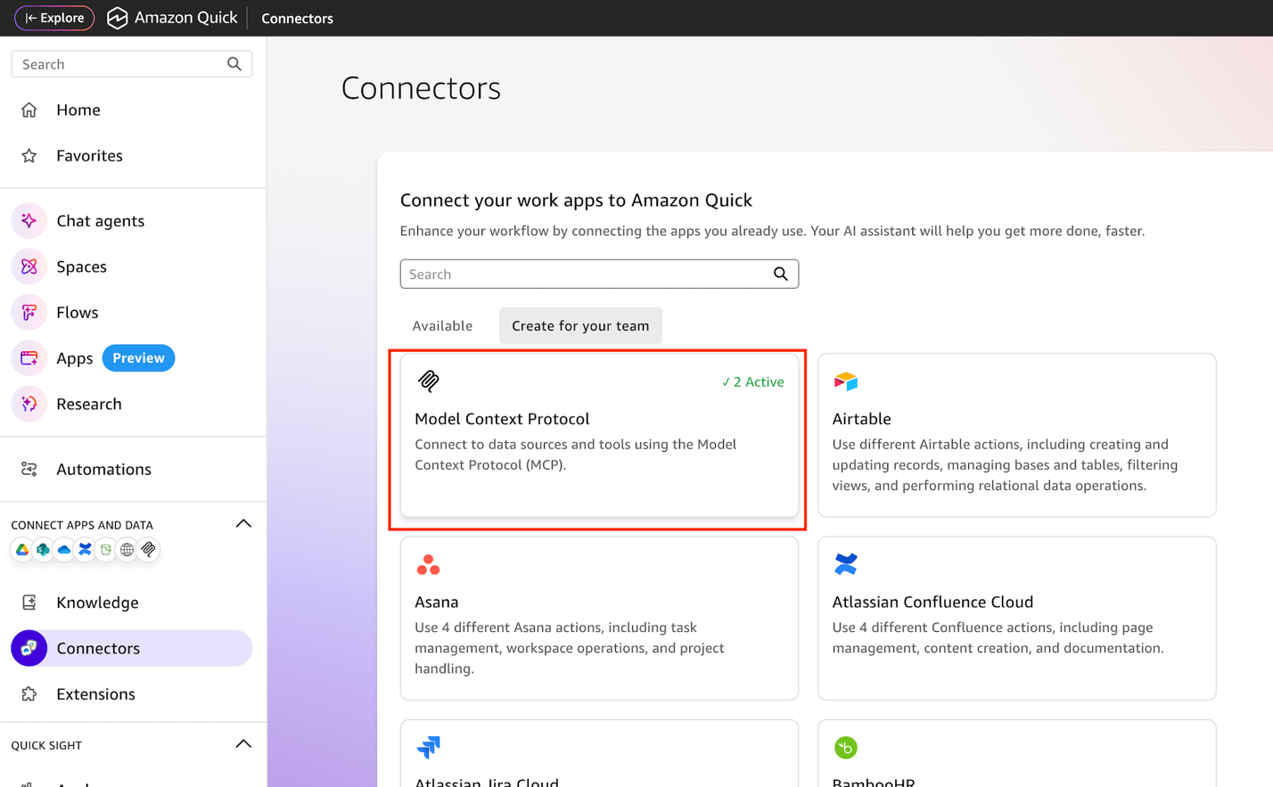 Amazon Quick Connectors page with Model Context Protocol selected as the integration type