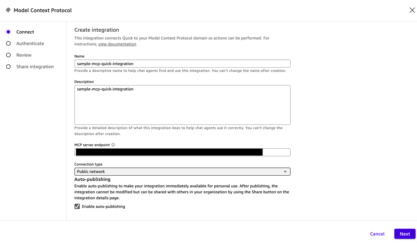 Amazon Quick integration configuration with the MCP server endpoint