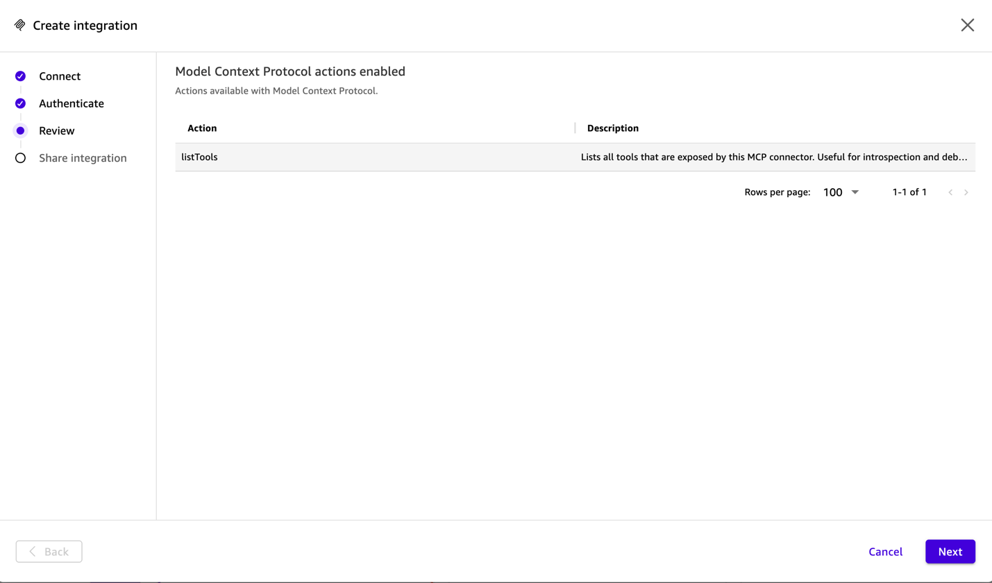 Amazon Quick integration review screen showing listTools before the sync completes