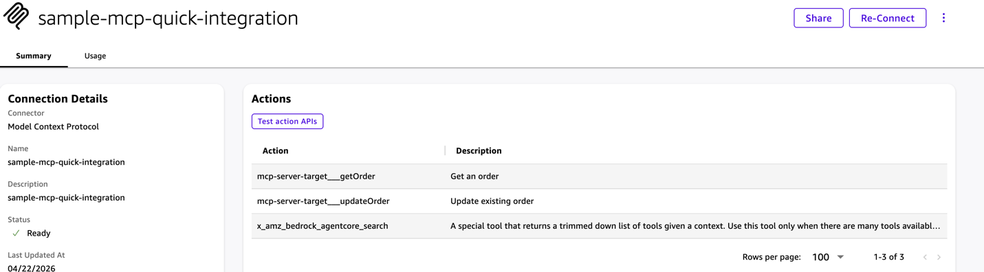 Amazon Quick integration showing the synced MCP tools in the Available state