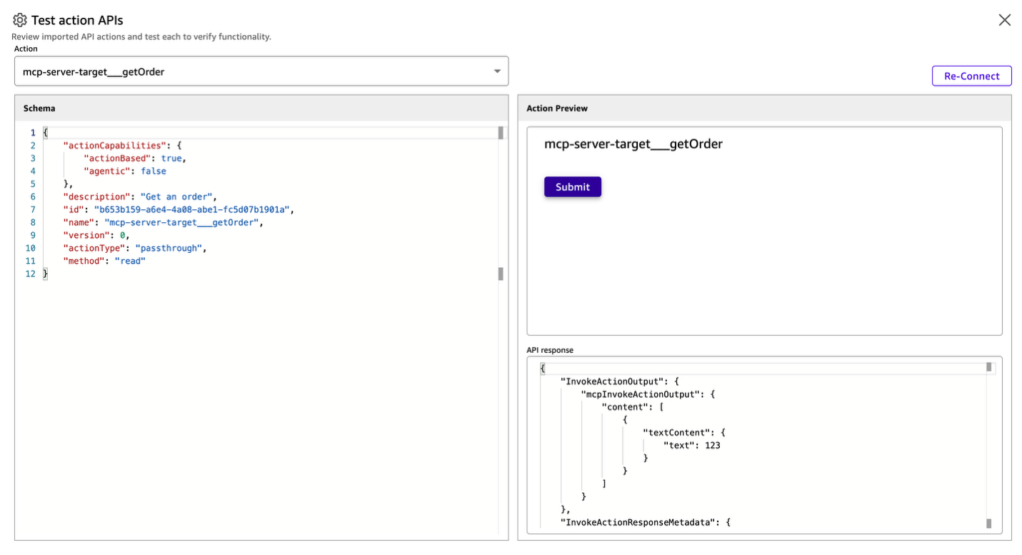 Amazon Quick Test Action APIs screen verifying the MCP tools