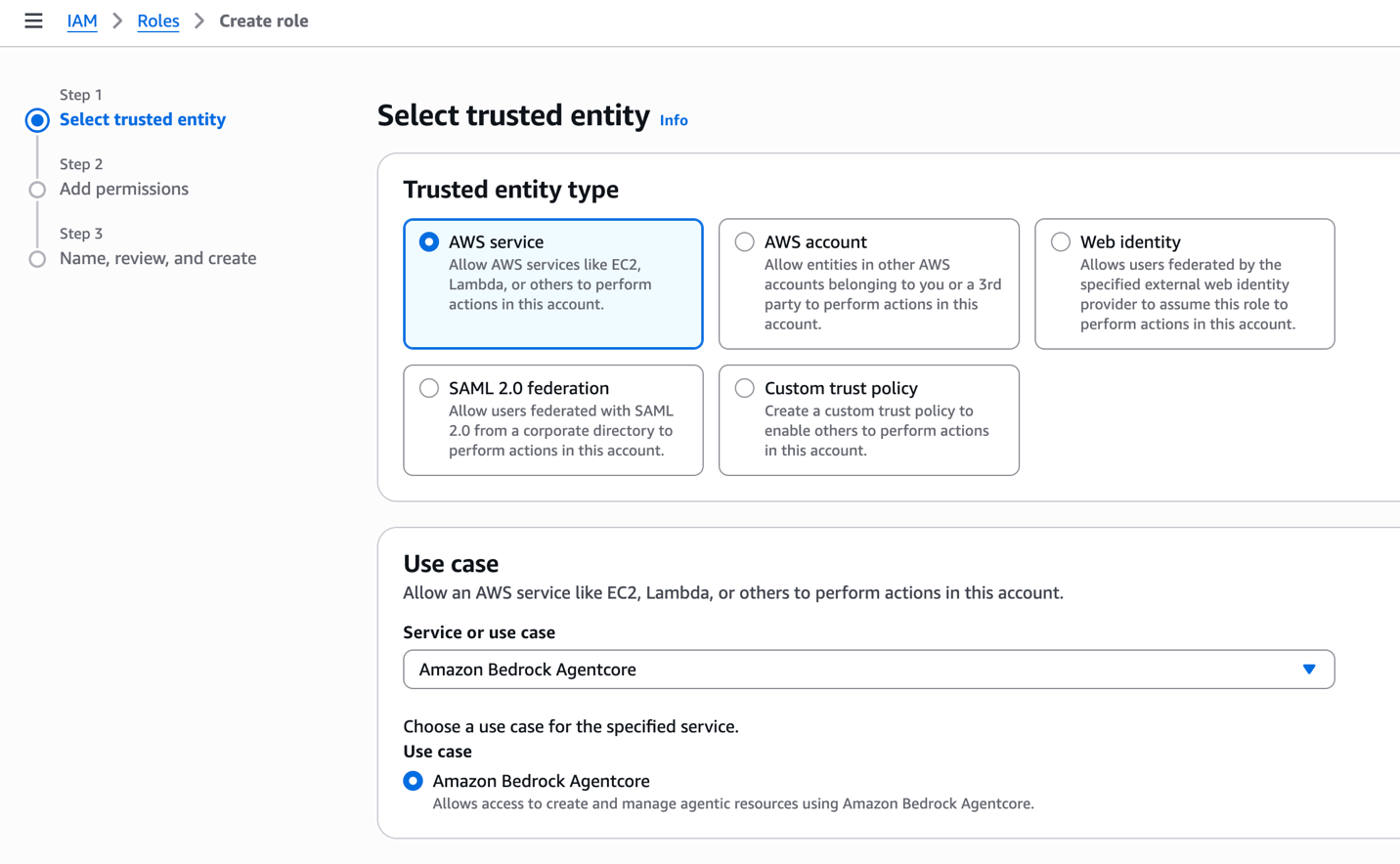 IAM create role page with Amazon Bedrock AgentCore selected as the use case