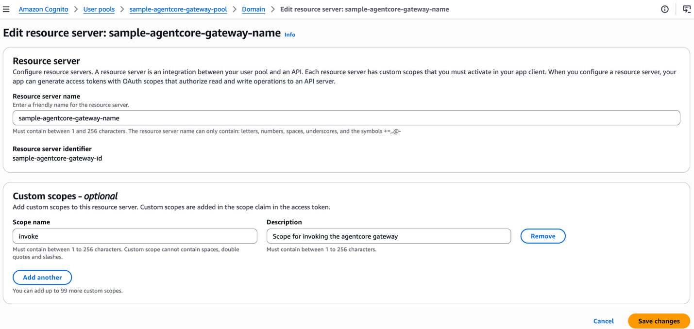 Amazon Cognito resource server configuration with the invoke custom scope