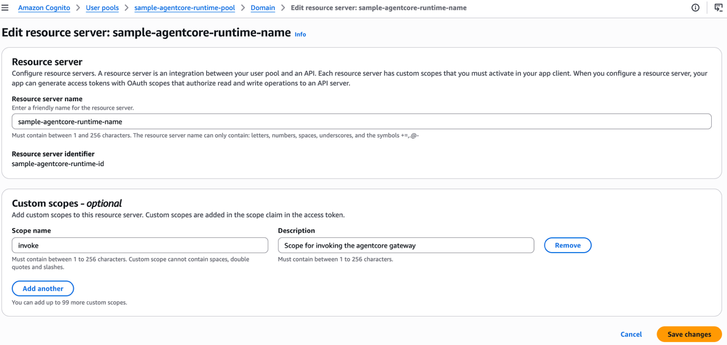 Amazon Cognito resource server for outbound authorization with the invoke custom scope