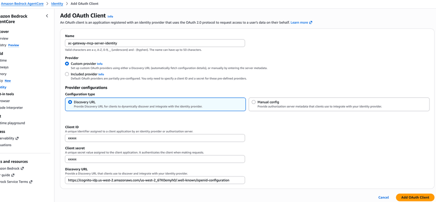 AgentCore Identity Create OAuth Client form populated with the outbound Cognito app client details