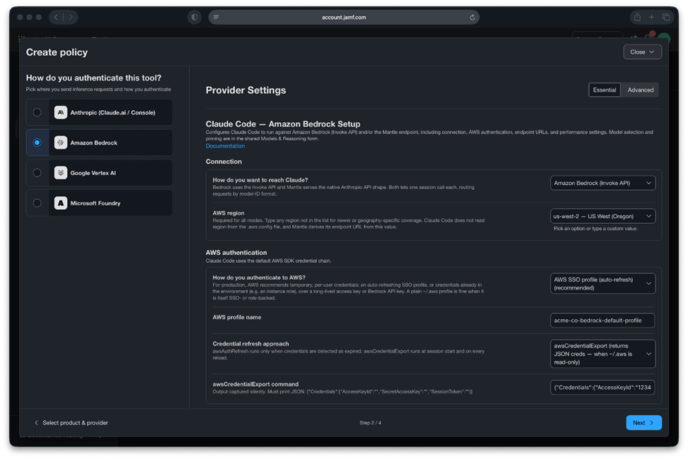Jamf policy builder configuring Claude Code provider settings for Amazon Bedrock