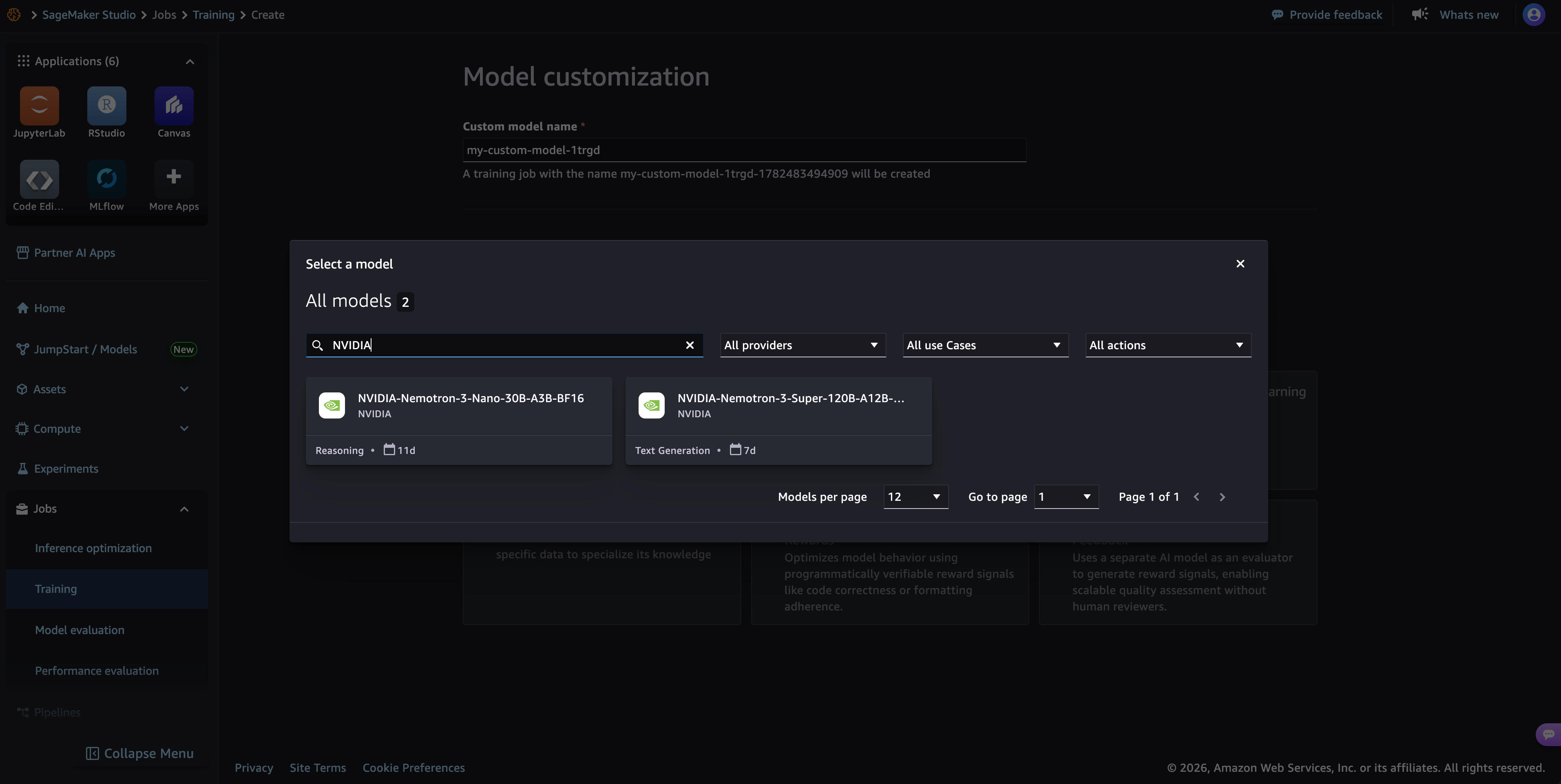 Model search results showing the NVIDIA Nemotron 3 family of models to select from