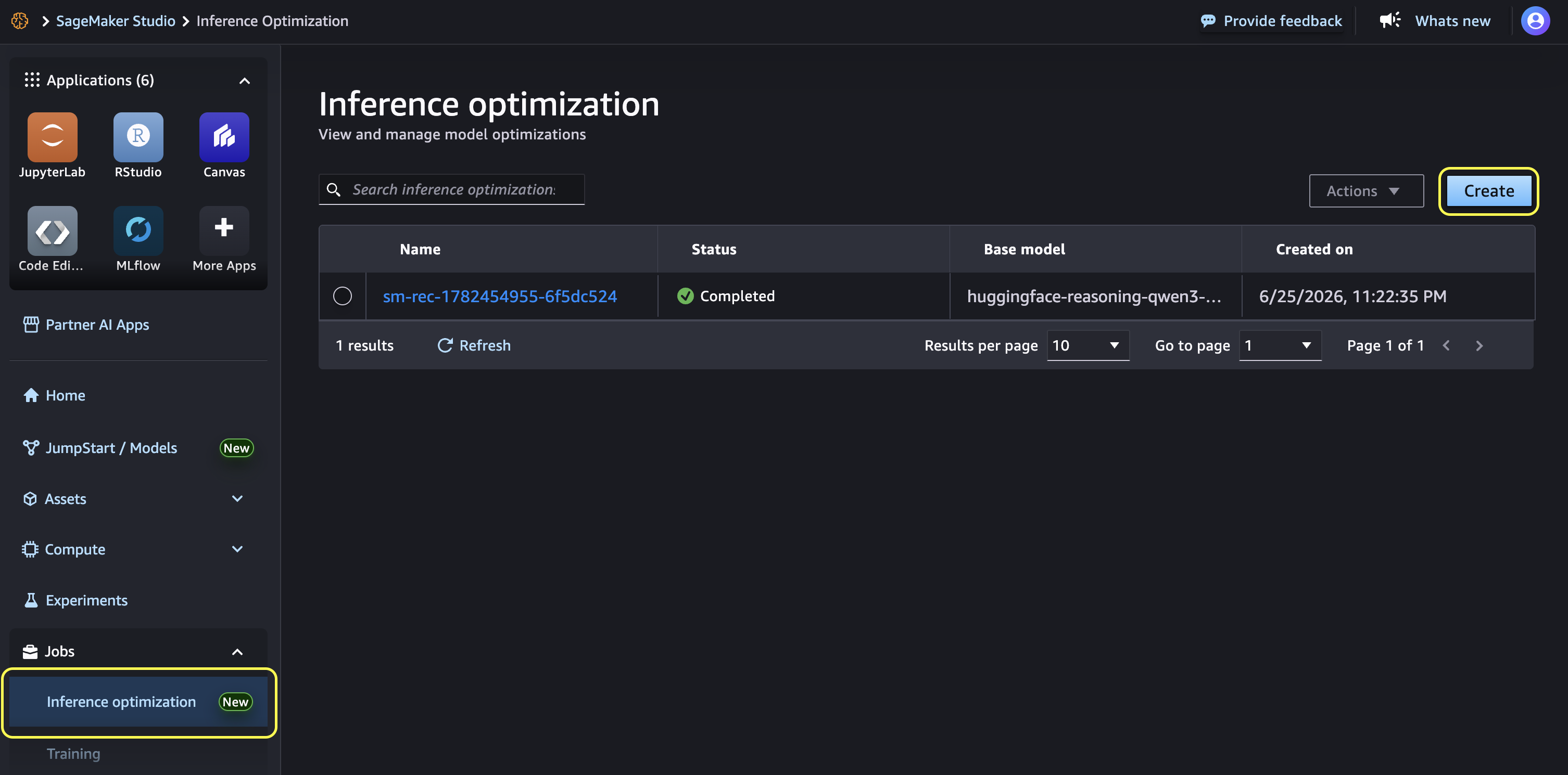 Inference optimization landing page showing existing jobs