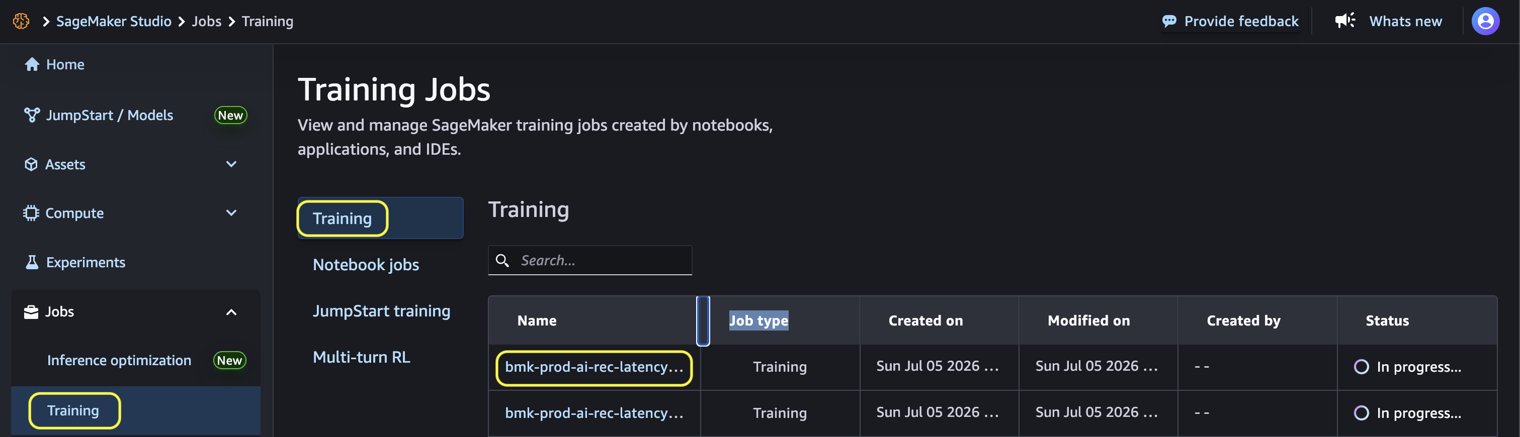 In Progress training jobs for each benchmark test configuration