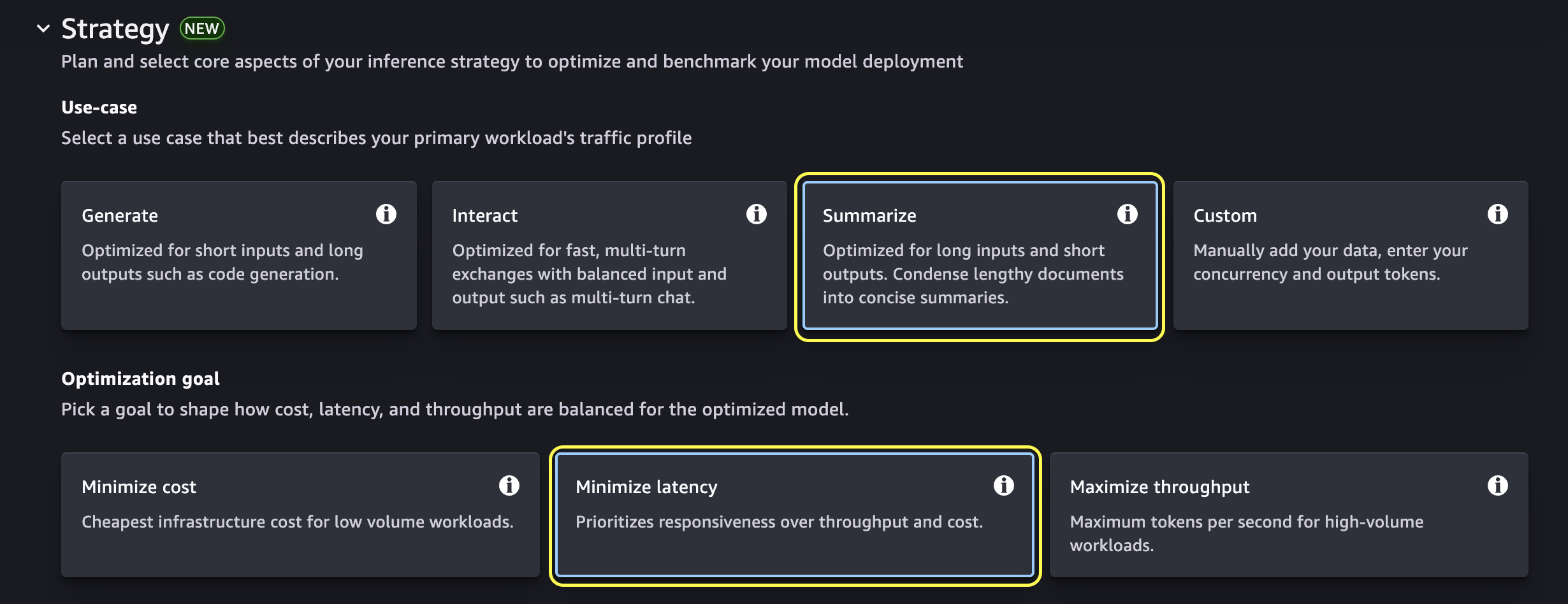 Strategy configuration with use-case presets Generate, Interact, Summarize, and Custom, and optimization goals