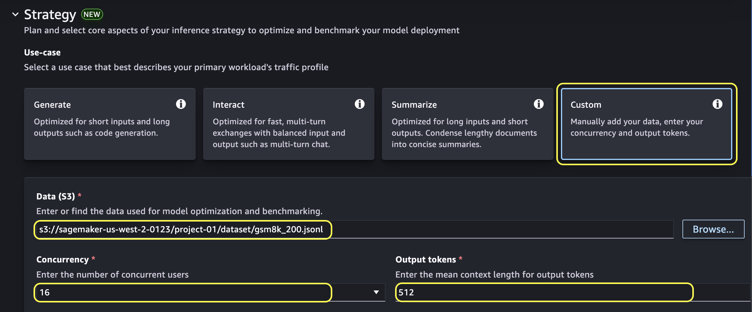 Custom workflow fields for dataset path, concurrency, and output tokens