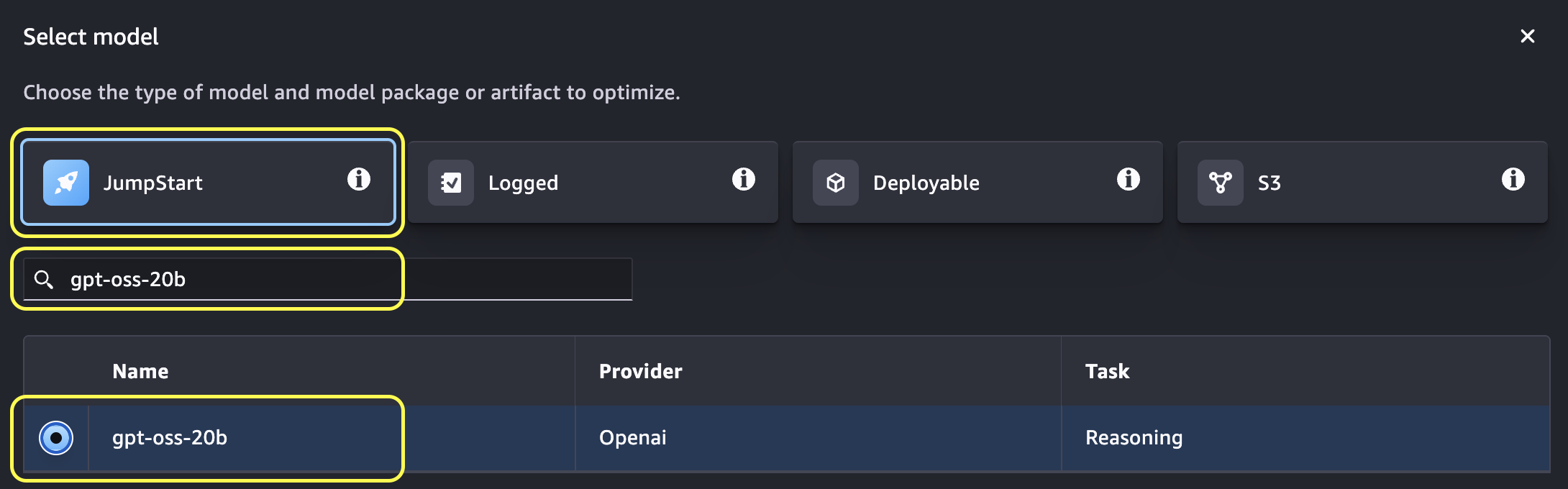 Model selection modal showing the JumpStart tab, with JumpStart, S3, Logged, and Deployable tabs