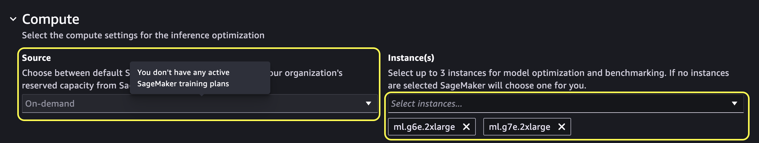 Compute section with three instance types selected for the recommendations job to evaluate