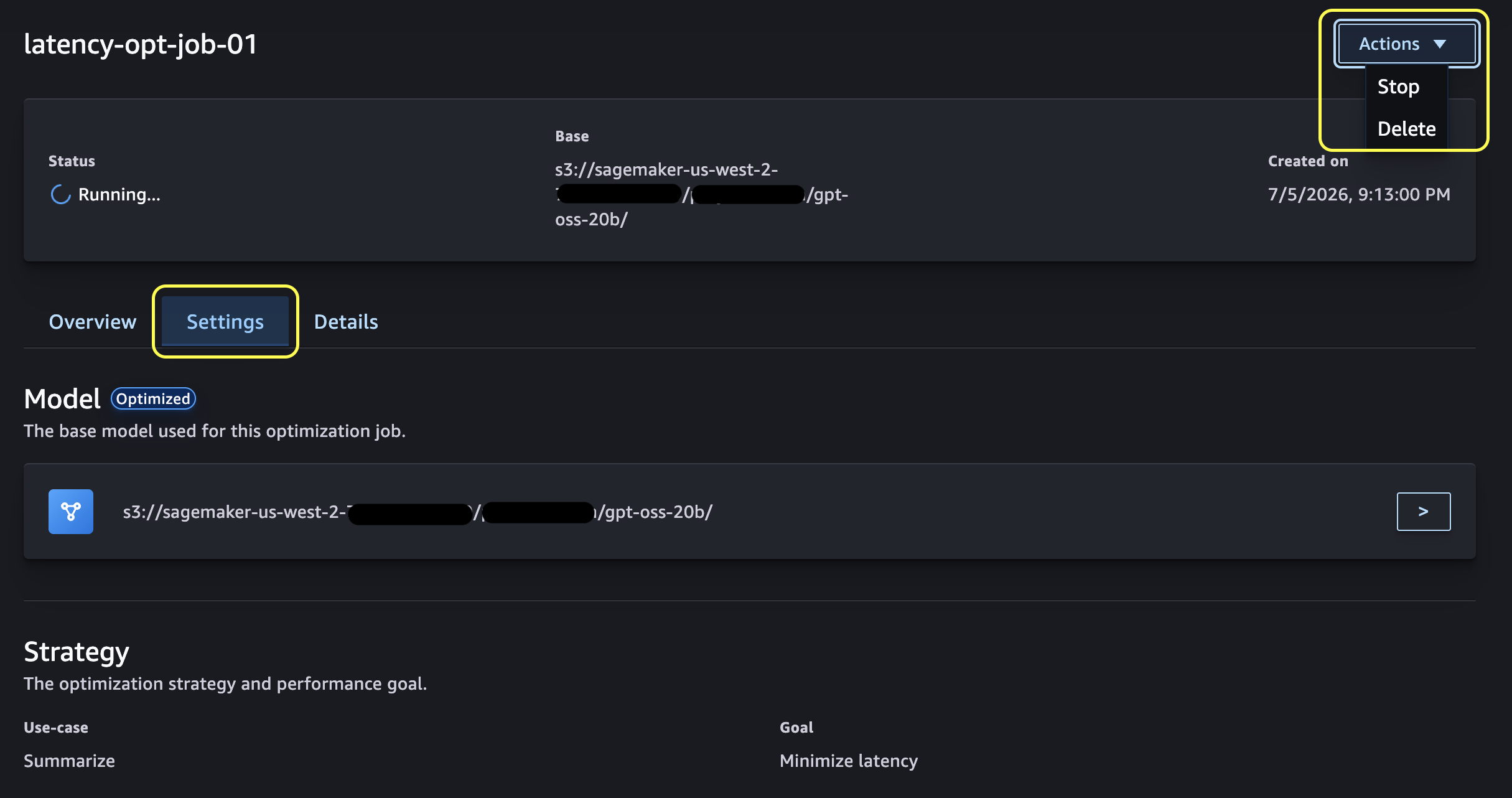 Running optimization job showing the Actions button, Settings tab, and status