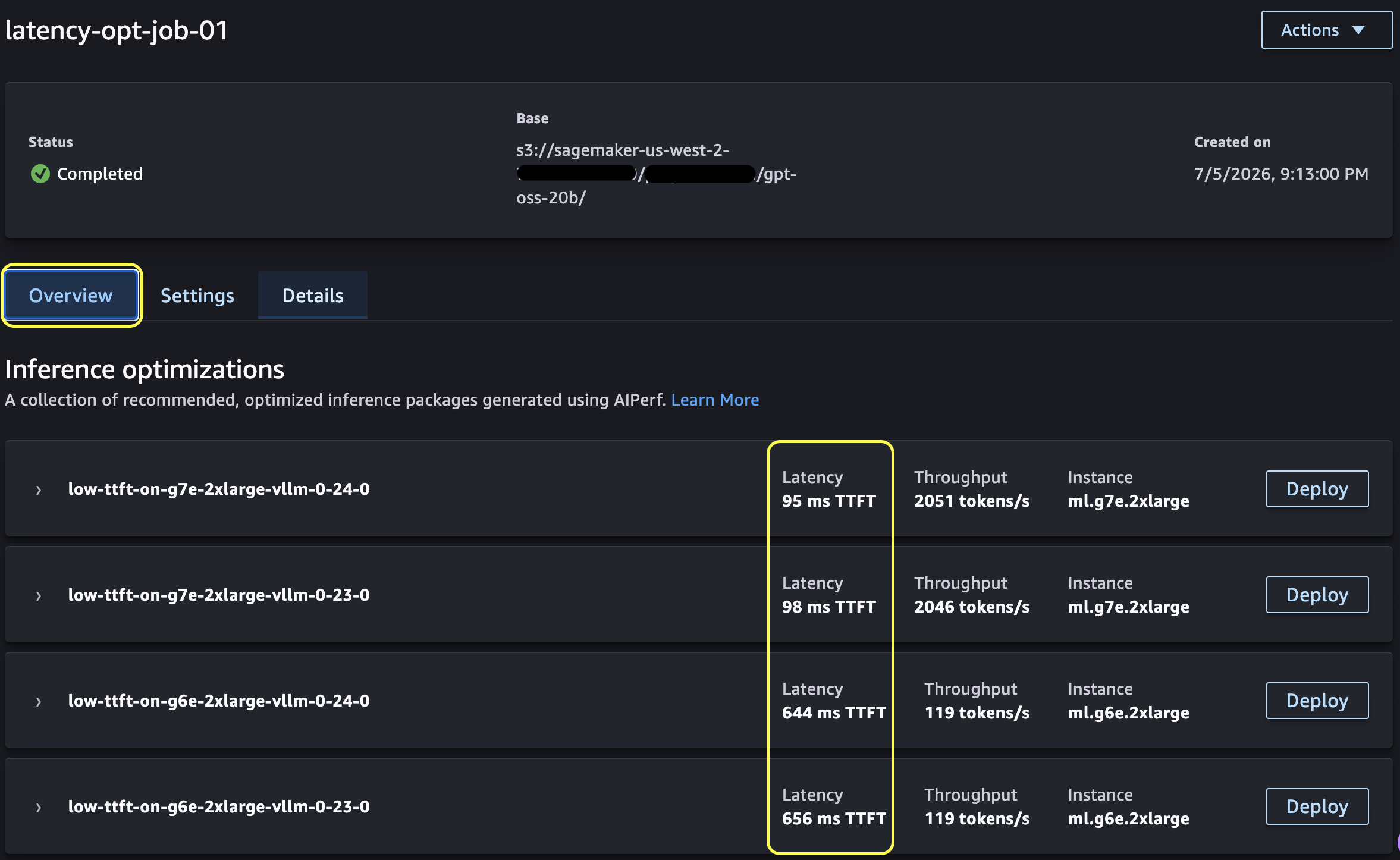 Completed job showing ranked optimized inference packages with Deploy buttons