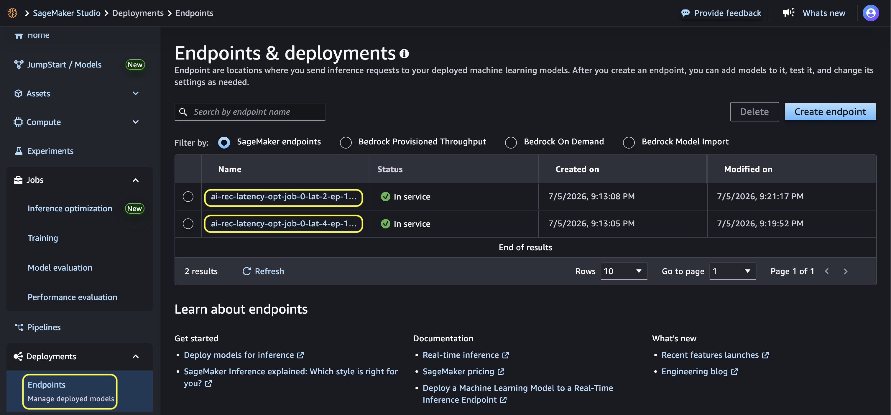 In Service endpoints created by the optimization job for each selected instance type