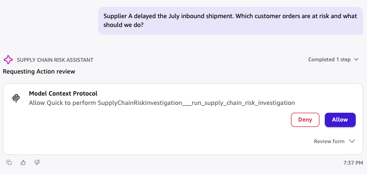 Amazon Quick prompt asking the user to approve the NeMo-backed supply-chain risk action