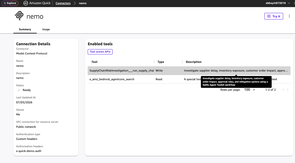 Registered MCP integration in Amazon Quick with the supply-chain risk action enabled
