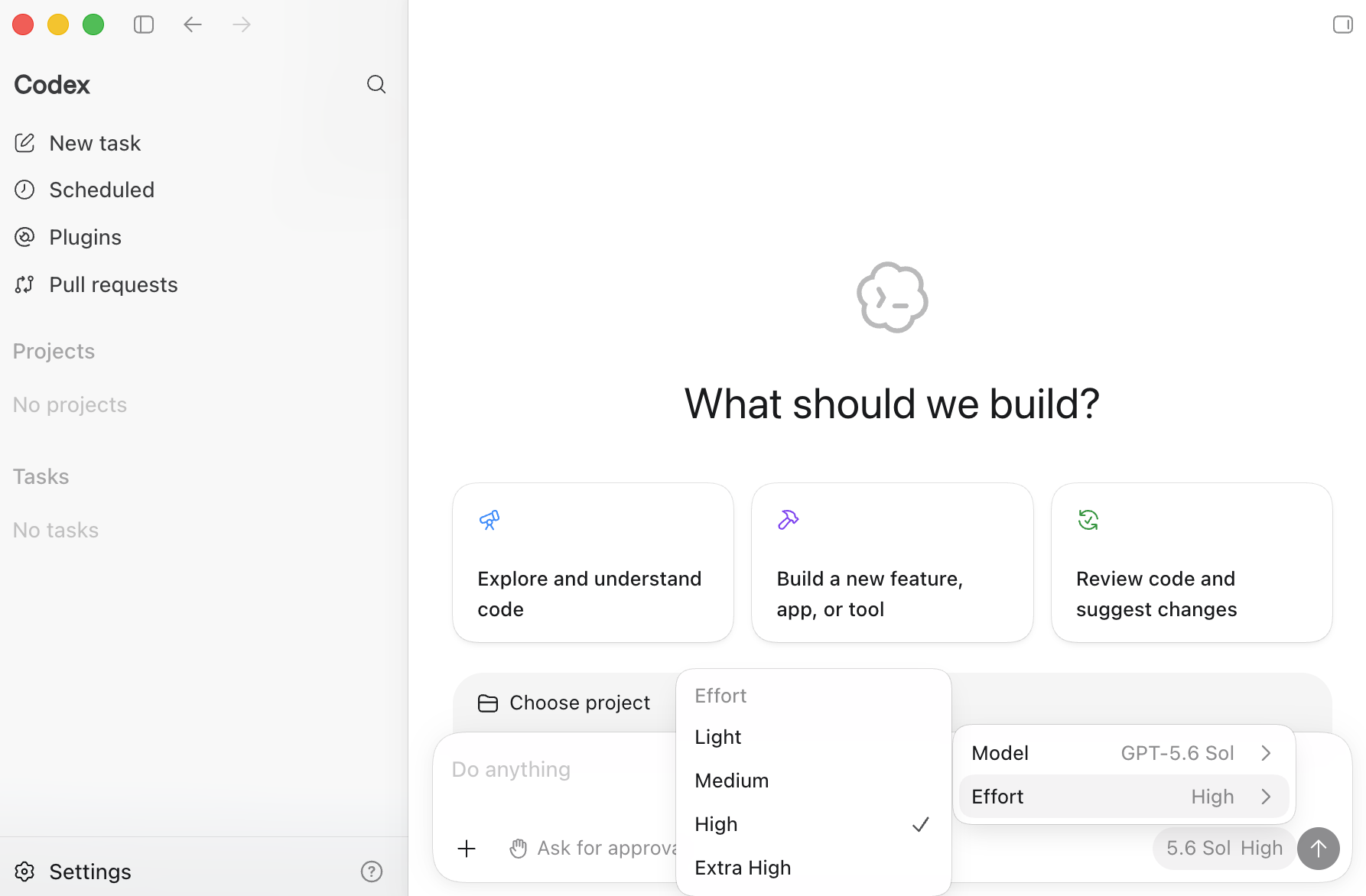 Reasoning-effort selector in the ChatGPT desktop app with Light, Medium, High, and Extra High options