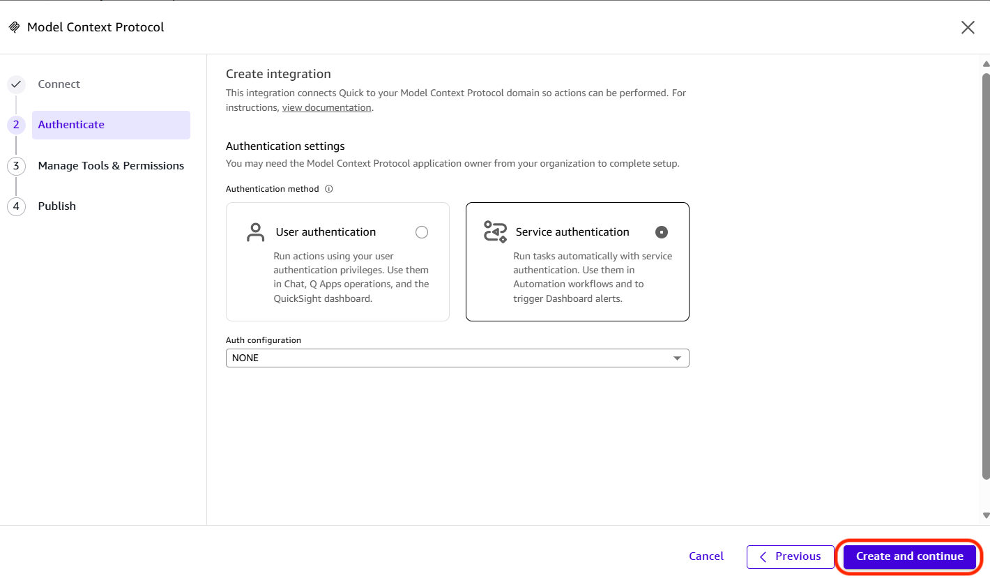 Authenticate step with Service authentication and Auth configuration set to None