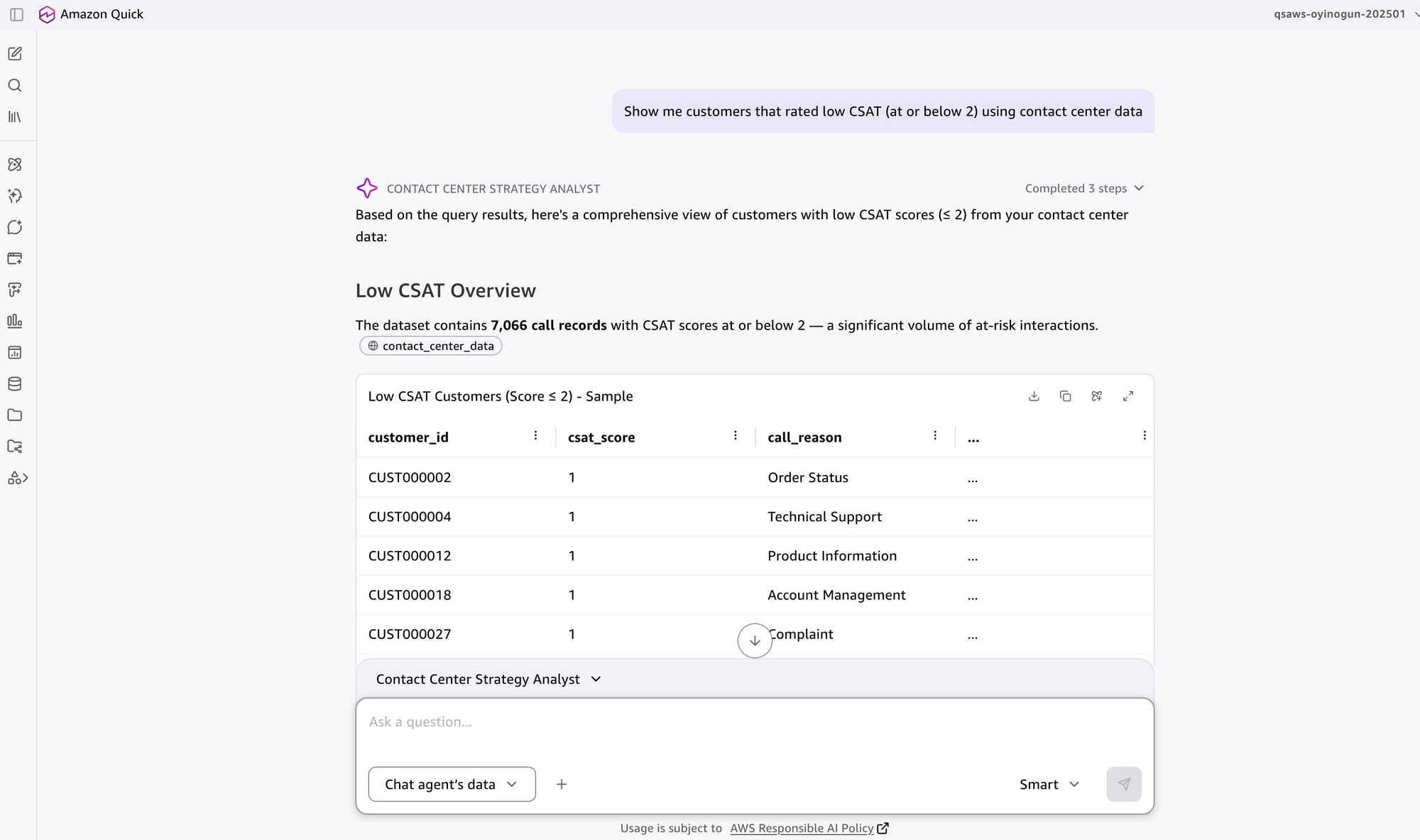 Chat agent returning a JSON array of at-risk customers