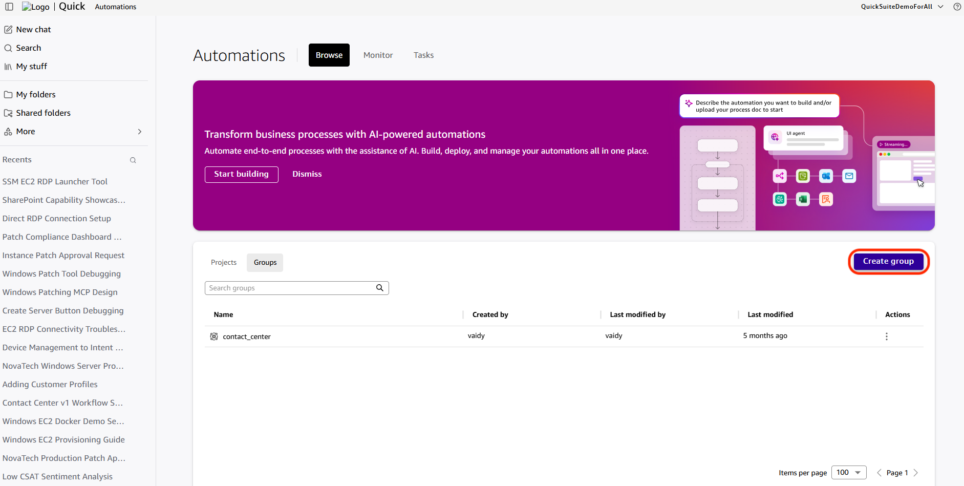 Groups tab with the Create Group option