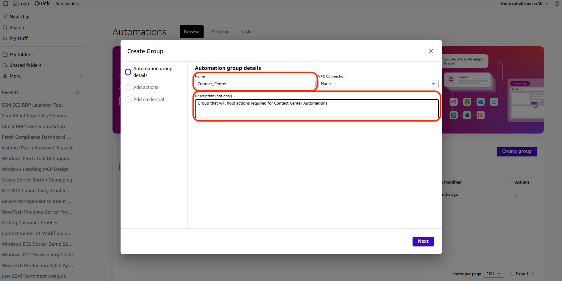 Create group dialog