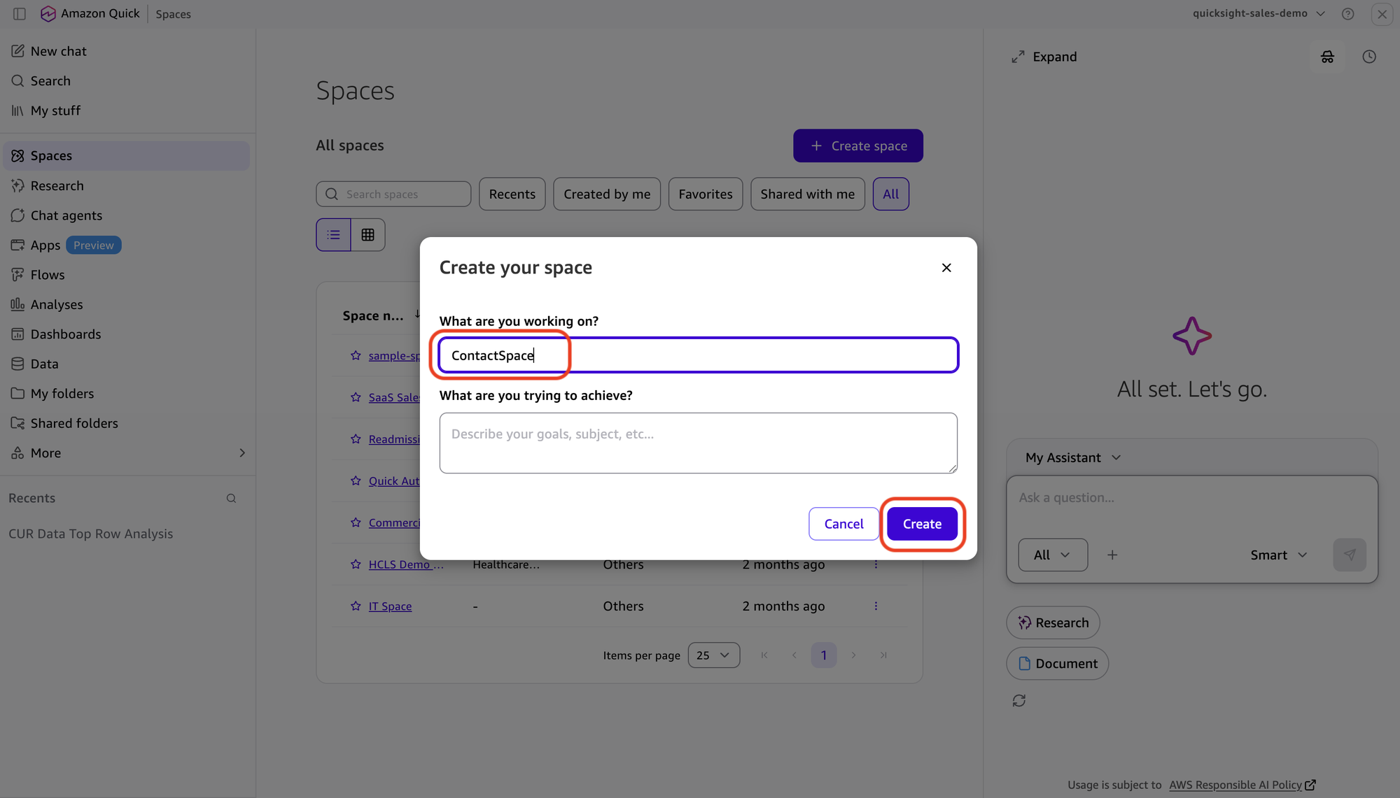 Create space dialog with the space name set to ContactSpace