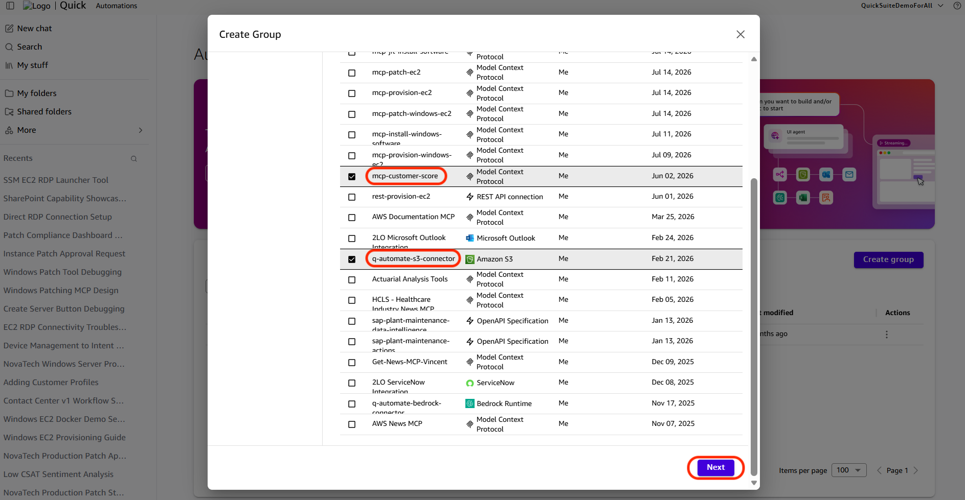 Group action selection with the MCP and Amazon S3 actions chosen
