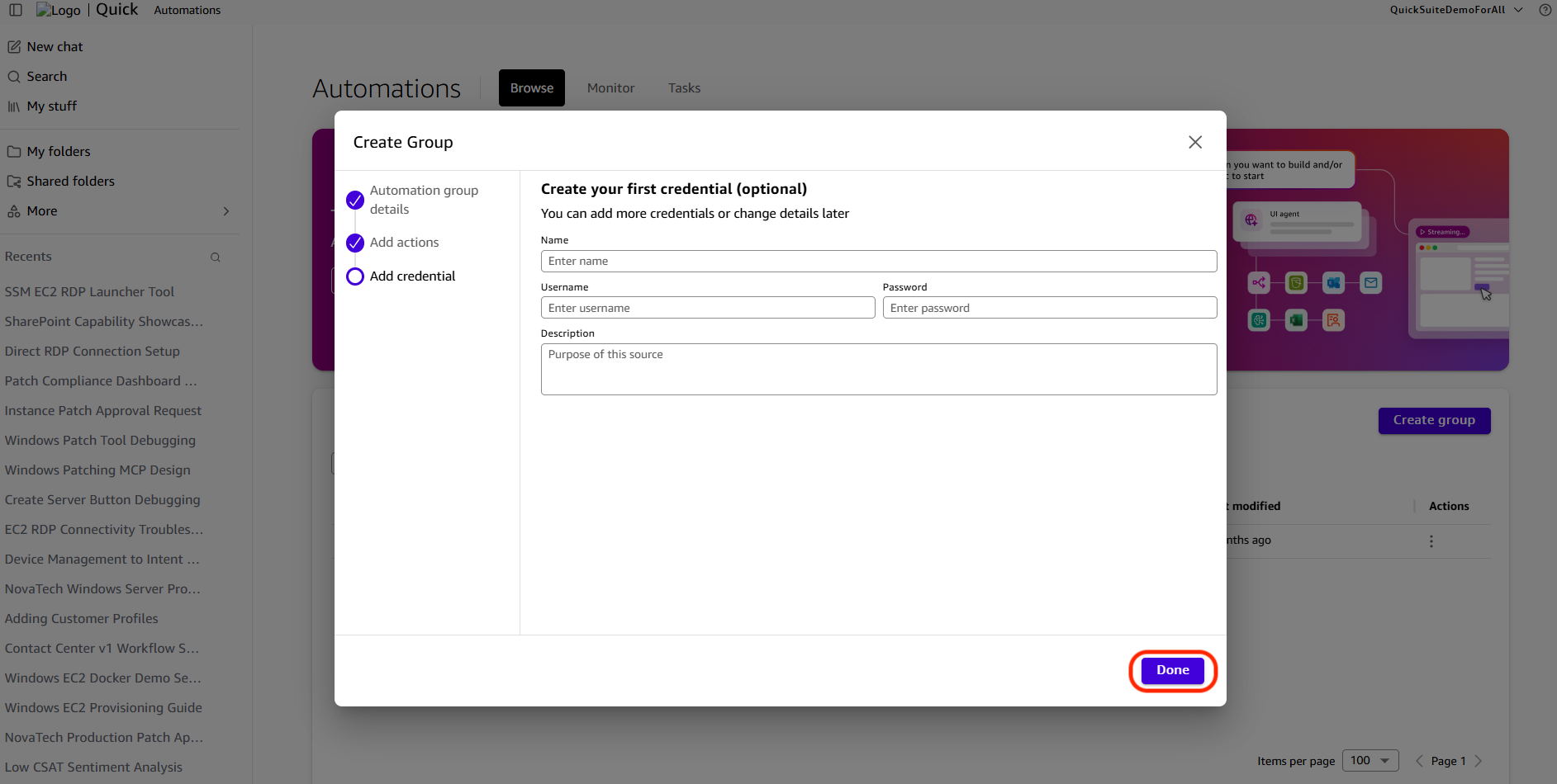 Group creation confirmation with the Done option
