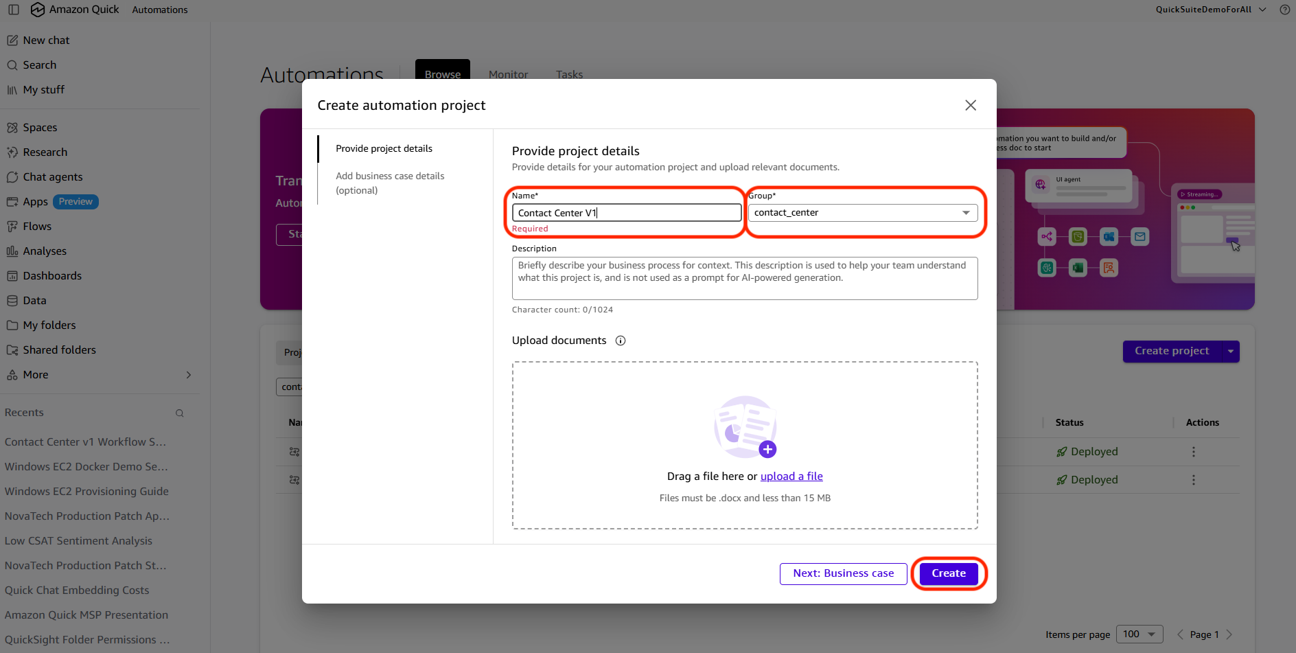 New automation project dialog with a name and automation group selected