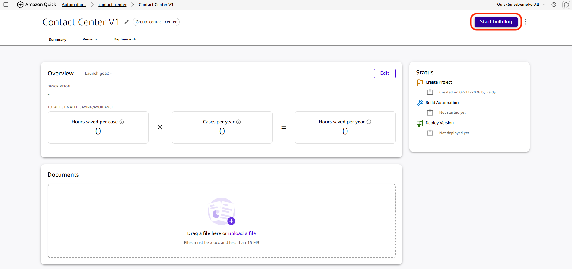 New project screen with the Start building option