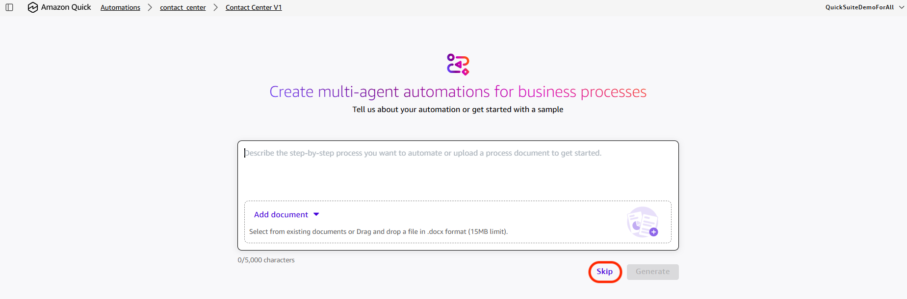 Automation builder prompt with the Skip option