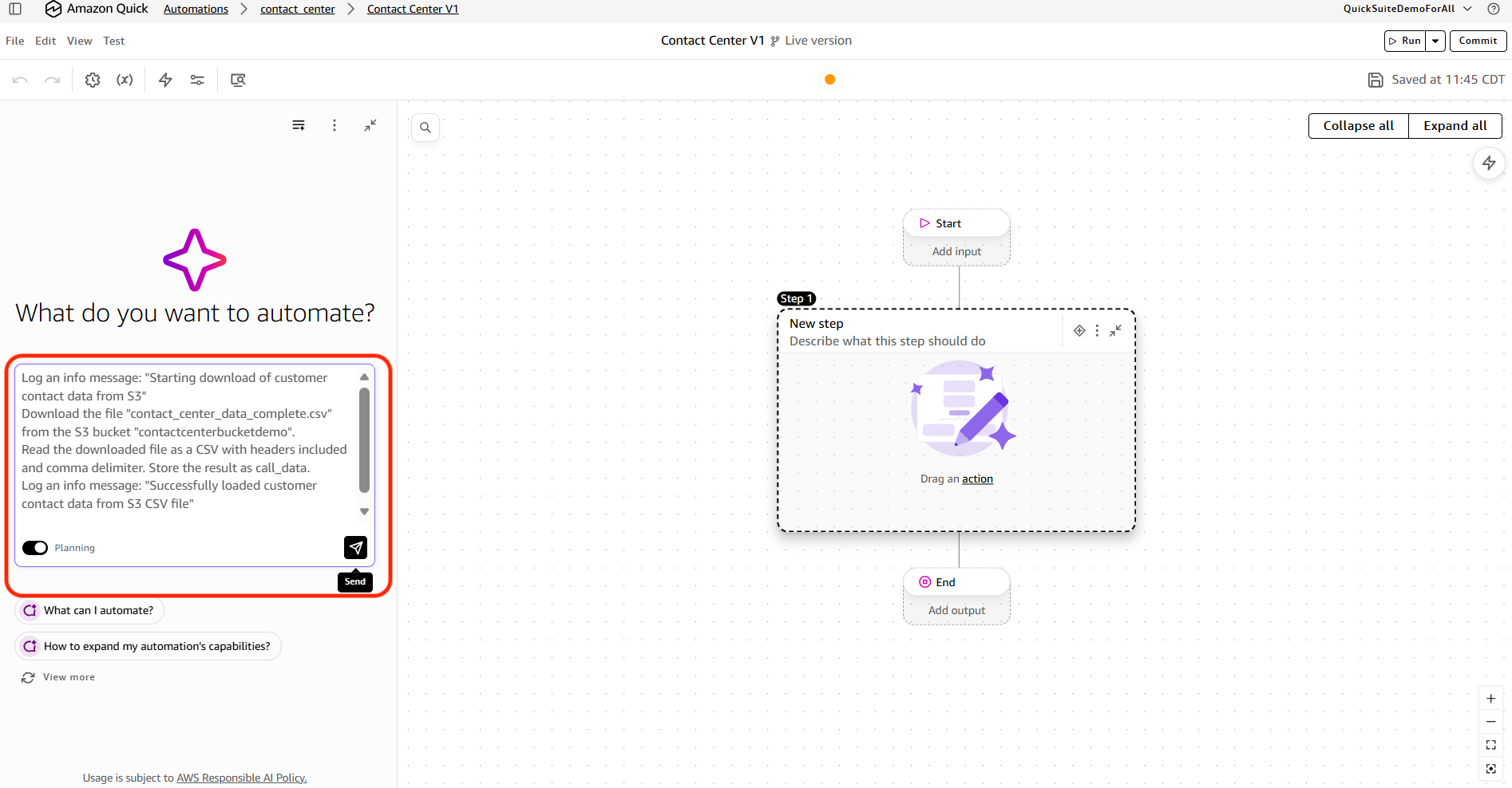 Chat assistant showing the Step 1 instruction to download and read the contact center CSV