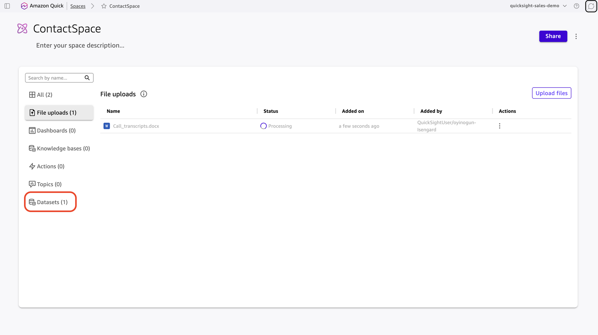 Space configuration screen with the File Uploads option for the transcript file