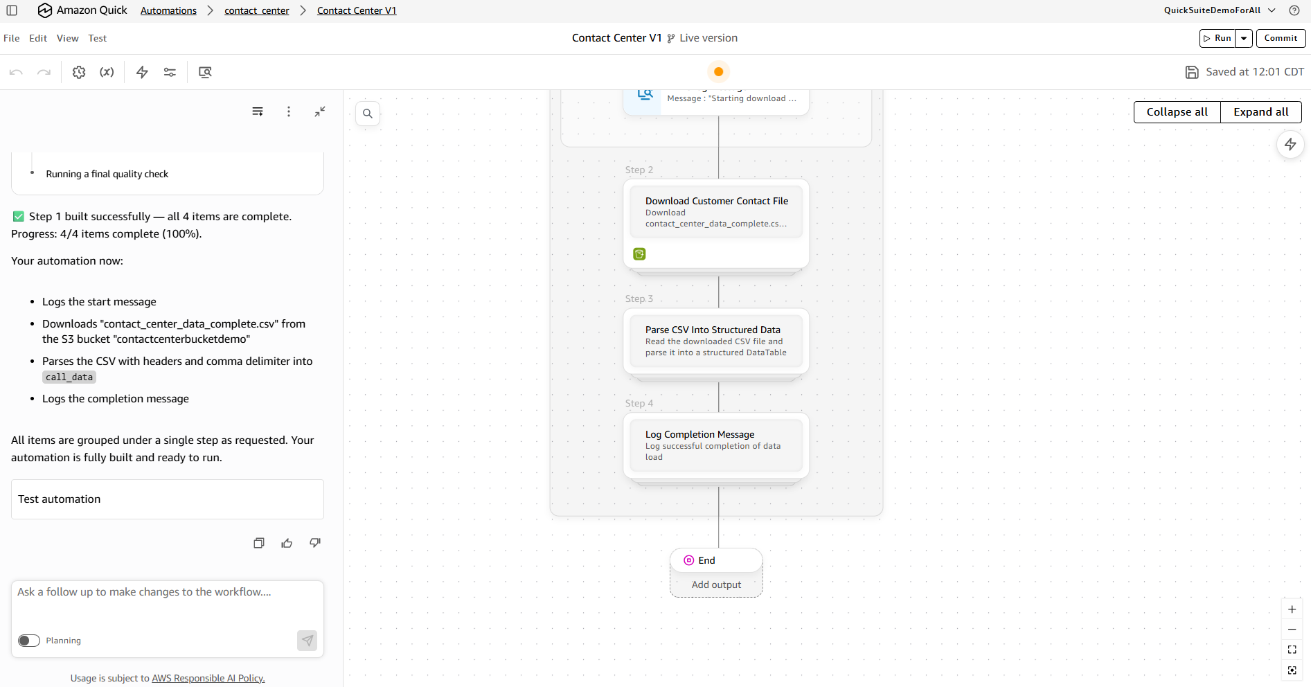 Automate canvas showing the created Step 1