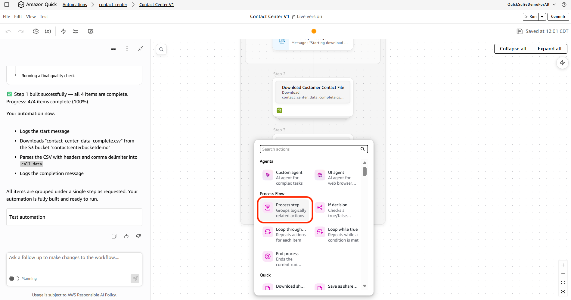 Add step menu with Process step selected