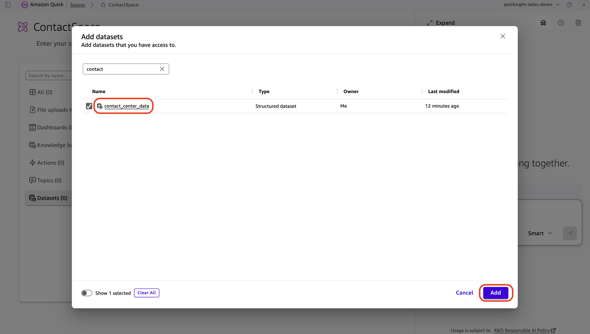 Add datasets panel with the contact_center_data dataset selected