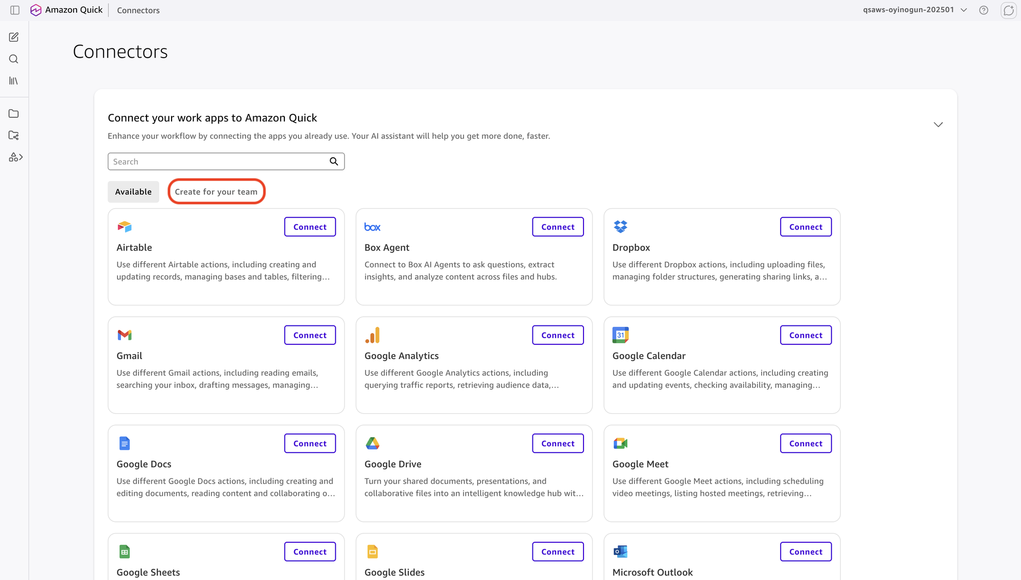 Connectors page with the Create for your team option