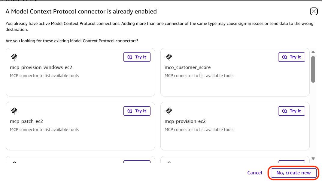 New connector prompt with No, create new selected