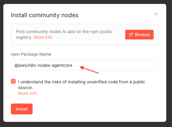 n8n nodes panel with the Amazon Bedrock AgentCore community node in the search results