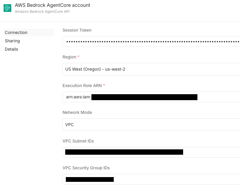 Amazon Bedrock AgentCore API credential set to VPC network mode with subnet and security group IDs