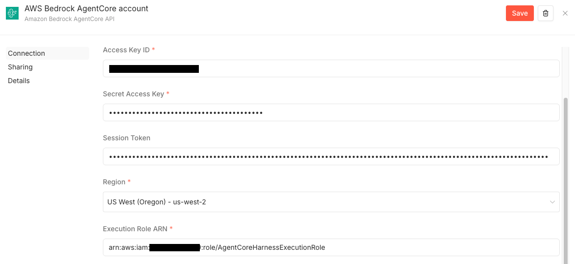 Amazon Bedrock AgentCore API credential form in n8n with access key, Region, and execution role ARN, and a successful test