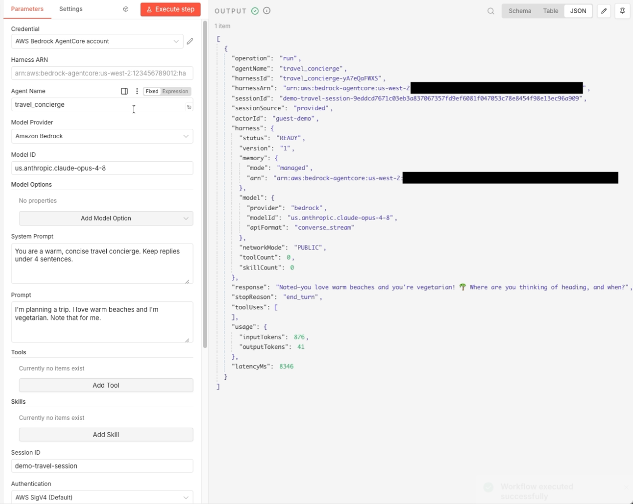 Turn 1 node output with the agent response and a harness summary confirming managed memory and a provisioned memory ARN