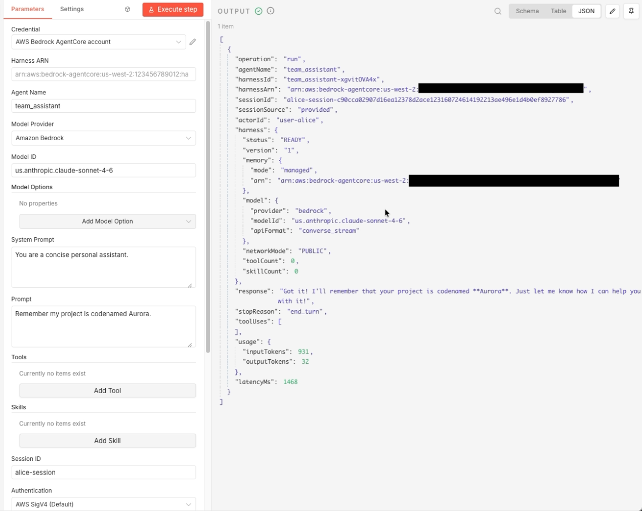 Turn 1 output for actor user-alice storing the project codename preference